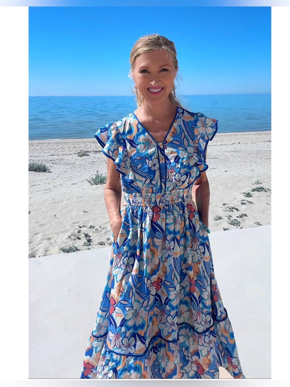 NWT Blue Floral Flutter Sleeve Midi Pocket Dress-S - Picture 4 of 13